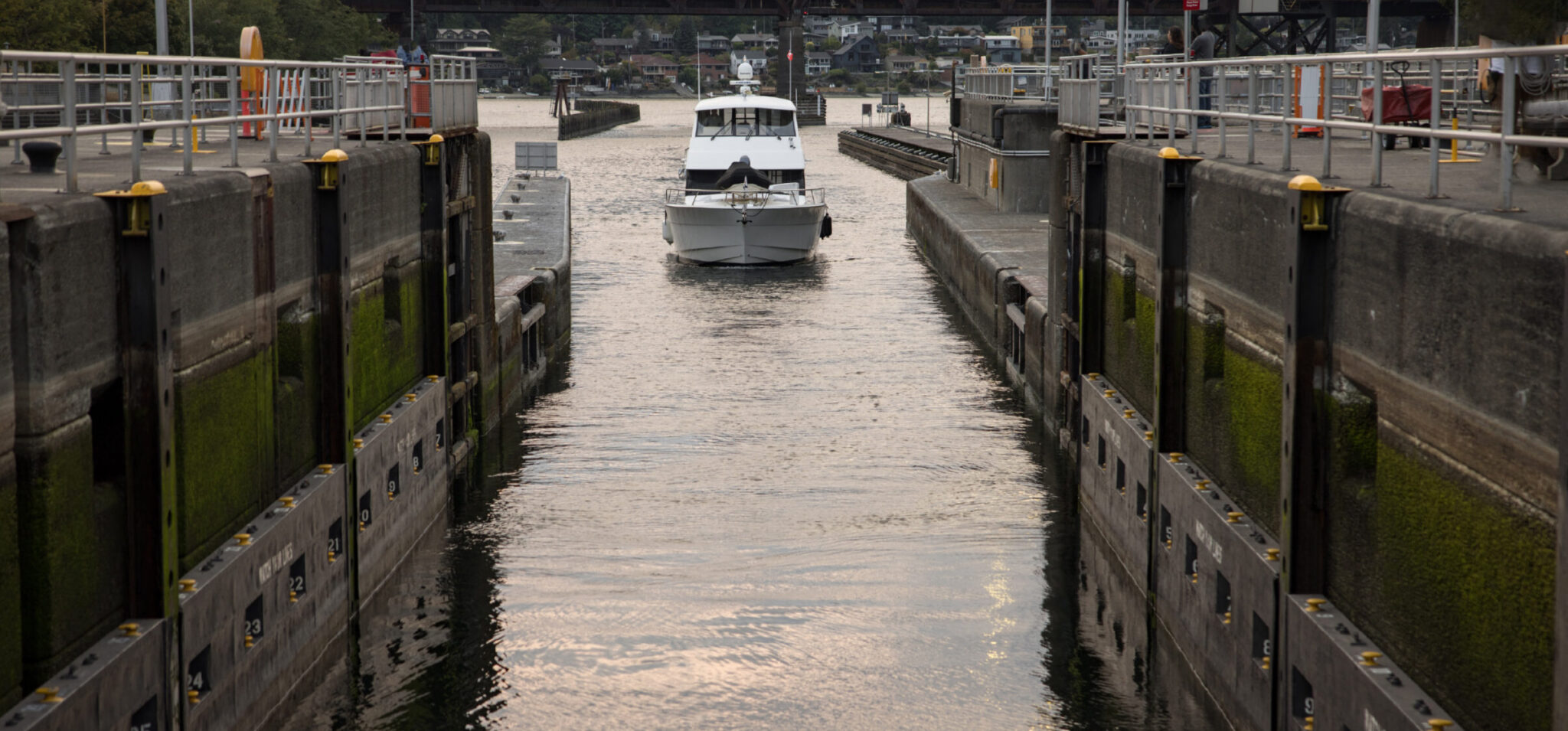 A small vessel arriving into locks